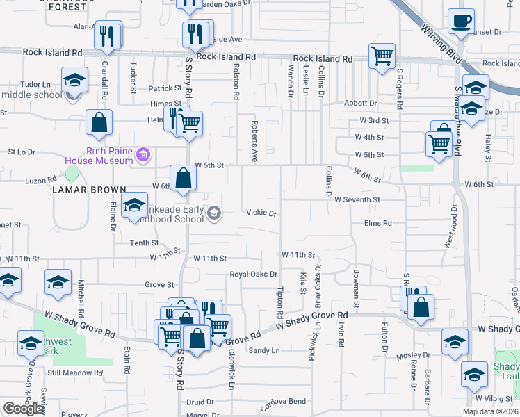 map of restaurants, bars, coffee shops, grocery stores, and more near 601 Tipton Road in Irving