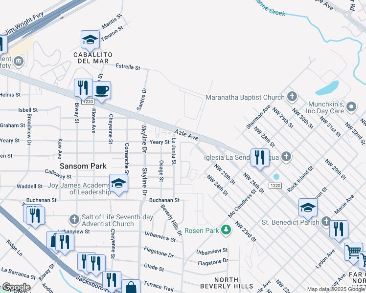 map of restaurants, bars, coffee shops, grocery stores, and more near 5001 Yeary Street in Fort Worth