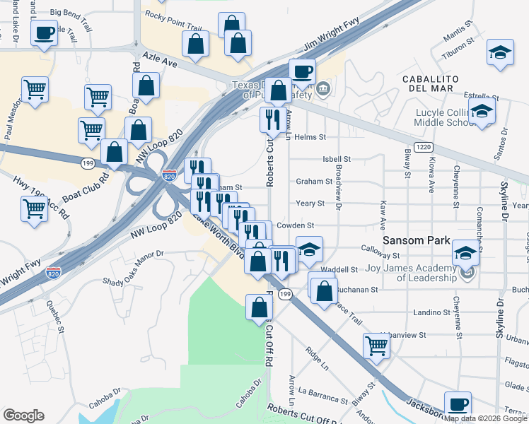 map of restaurants, bars, coffee shops, grocery stores, and more near 6012 Yeary Street in Fort Worth