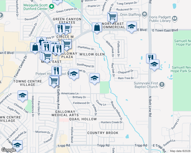 map of restaurants, bars, coffee shops, grocery stores, and more near 604 Plantation Street in Mesquite