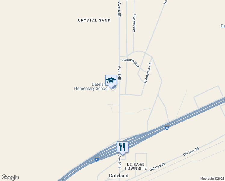 map of restaurants, bars, coffee shops, grocery stores, and more near 1300 Avenue 64E in Dateland