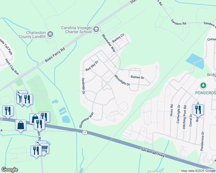 map of restaurants, bars, coffee shops, grocery stores, and more near 1574 Bluewater Way in Charleston