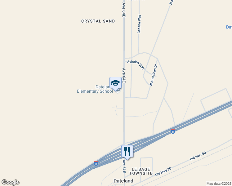 map of restaurants, bars, coffee shops, grocery stores, and more near 1300 Avenue 64E in Dateland