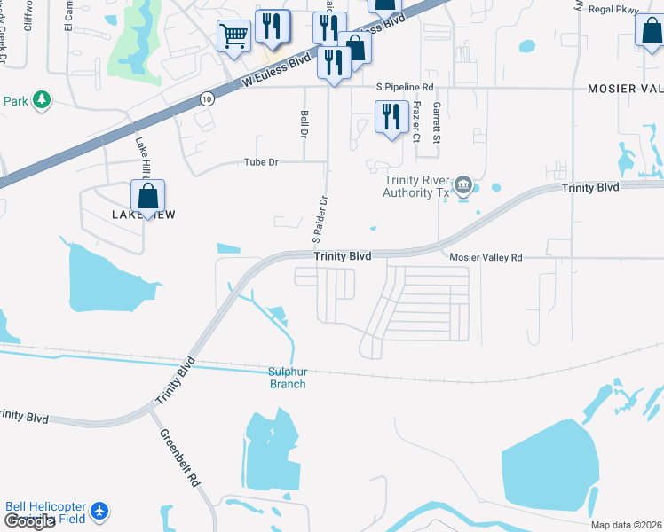 map of restaurants, bars, coffee shops, grocery stores, and more near 10909 Rippling Brook Way in Euless
