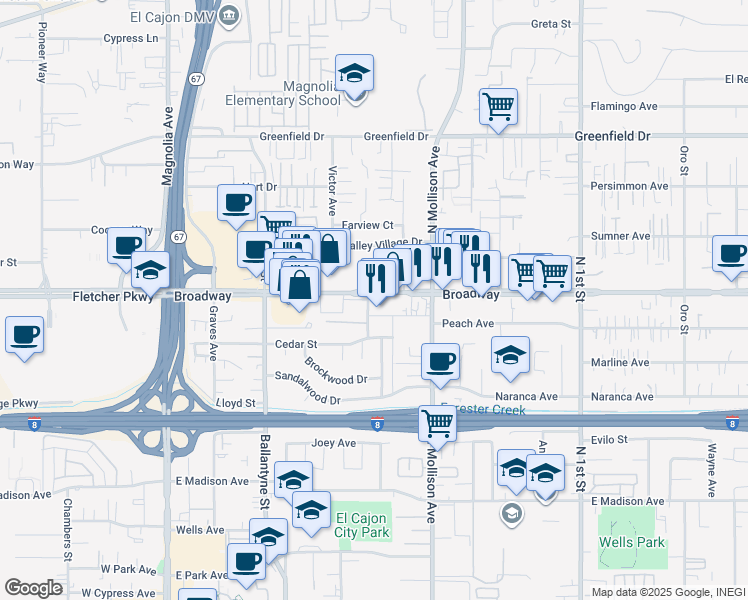 map of restaurants, bars, coffee shops, grocery stores, and more near 702 Broadway in El Cajon