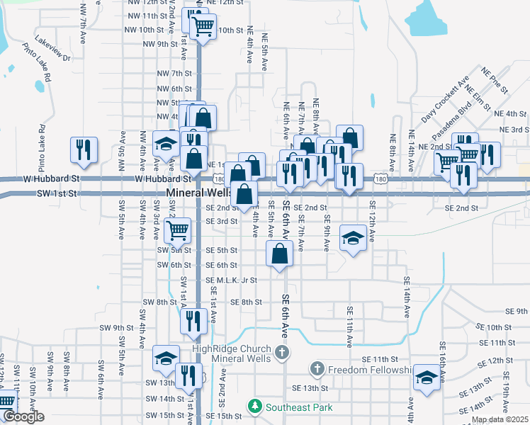 map of restaurants, bars, coffee shops, grocery stores, and more near 305 Southeast 4th Avenue in Mineral Wells