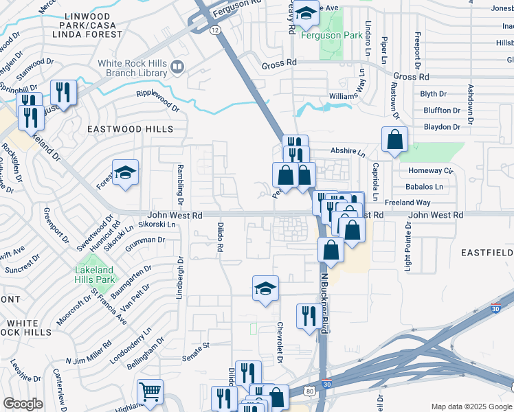 map of restaurants, bars, coffee shops, grocery stores, and more near 1721 John West Road in Dallas
