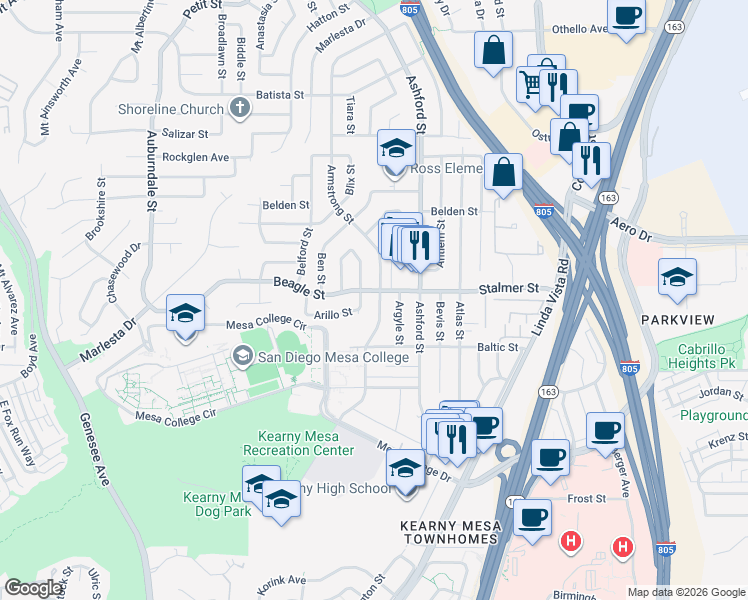 map of restaurants, bars, coffee shops, grocery stores, and more near 3484 Armstrong Street in San Diego
