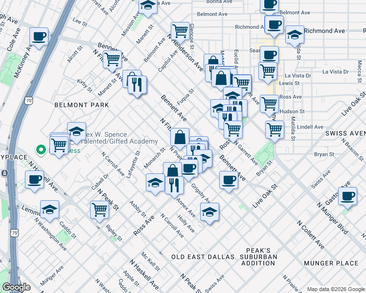 map of restaurants, bars, coffee shops, grocery stores, and more near 4850 Monarch Street in Dallas
