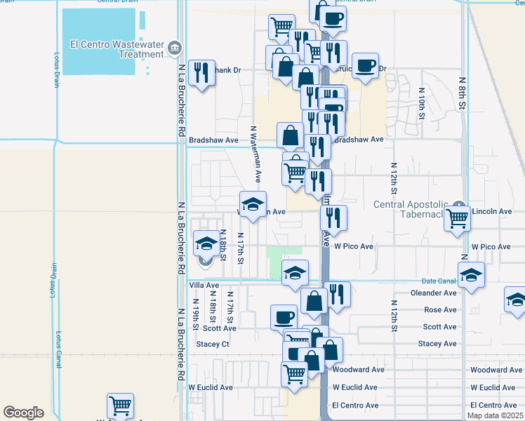 map of restaurants, bars, coffee shops, grocery stores, and more near 1625 North Waterman Avenue in El Centro