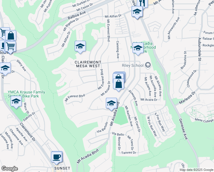 map of restaurants, bars, coffee shops, grocery stores, and more near 3654 Mount Ariane Drive in San Diego