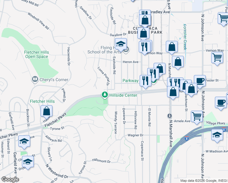 map of restaurants, bars, coffee shops, grocery stores, and more near 1520 Cliffdale Road in El Cajon