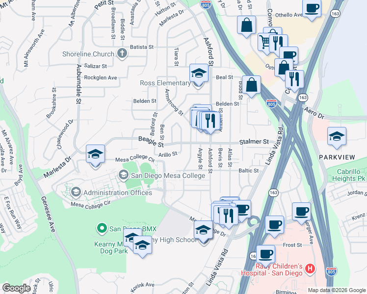 map of restaurants, bars, coffee shops, grocery stores, and more near 7380 Beagle Street in San Diego