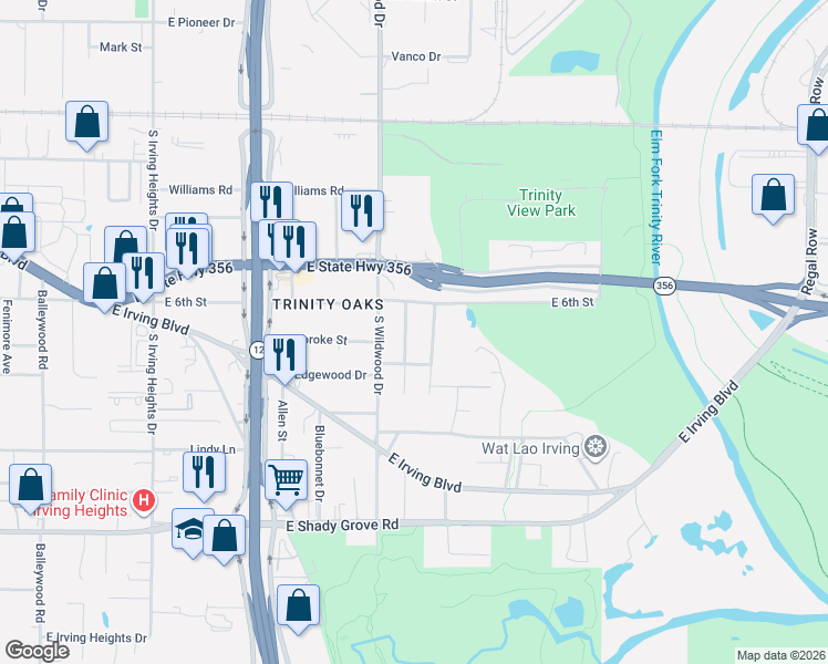 map of restaurants, bars, coffee shops, grocery stores, and more near 611 Van Horn Drive in Irving