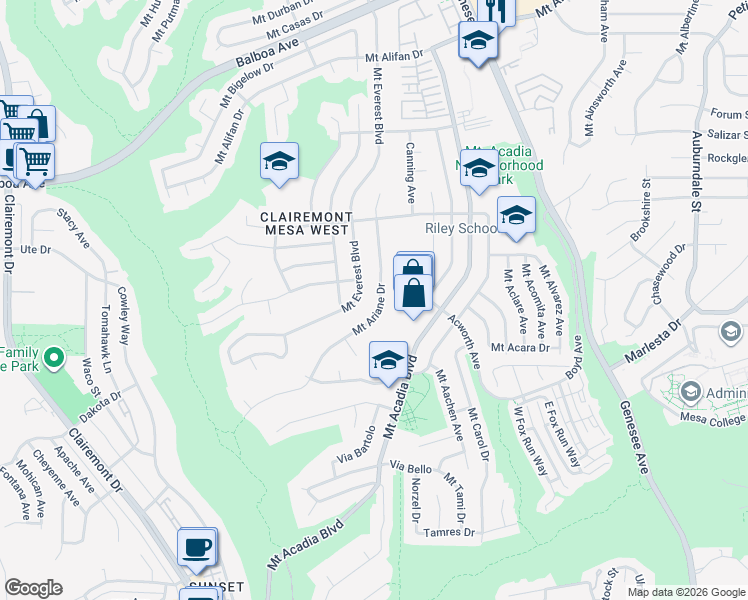 map of restaurants, bars, coffee shops, grocery stores, and more near 3654 Mount Ariane Drive in San Diego