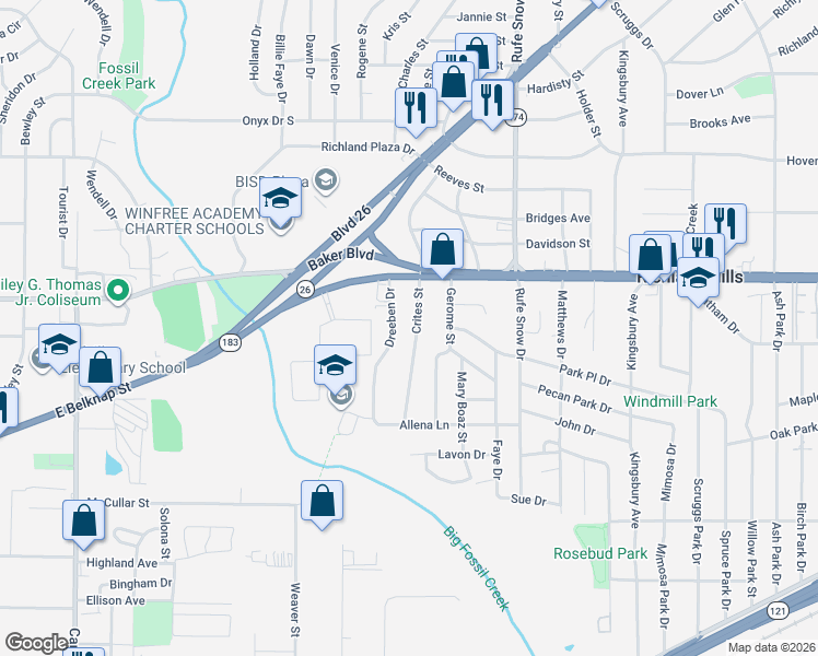 map of restaurants, bars, coffee shops, grocery stores, and more near 3224 Crites Street in Richland Hills
