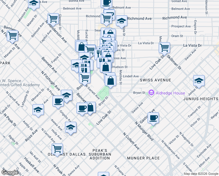 map of restaurants, bars, coffee shops, grocery stores, and more near 1350 Greenville Avenue in Dallas