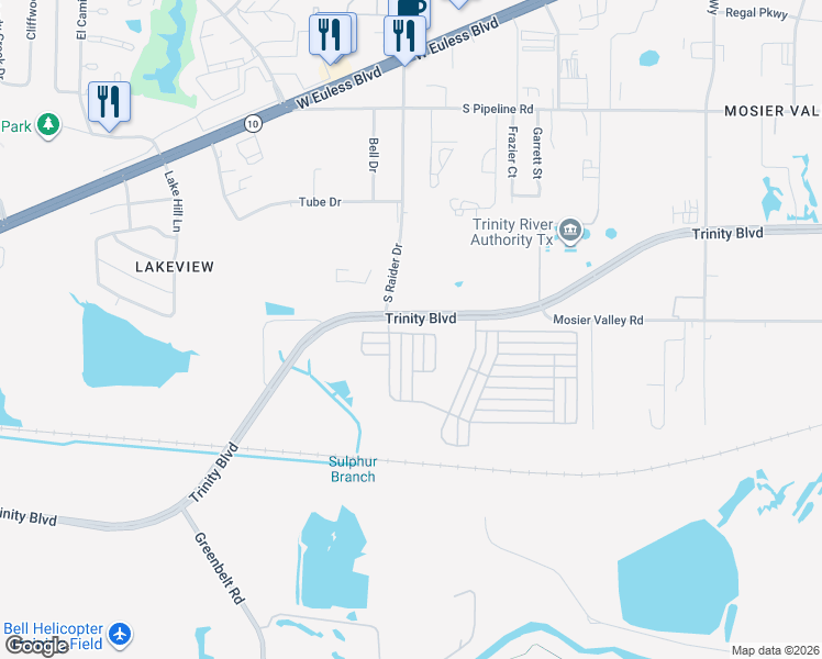 map of restaurants, bars, coffee shops, grocery stores, and more near 10909 Rippling Brook Way in Euless