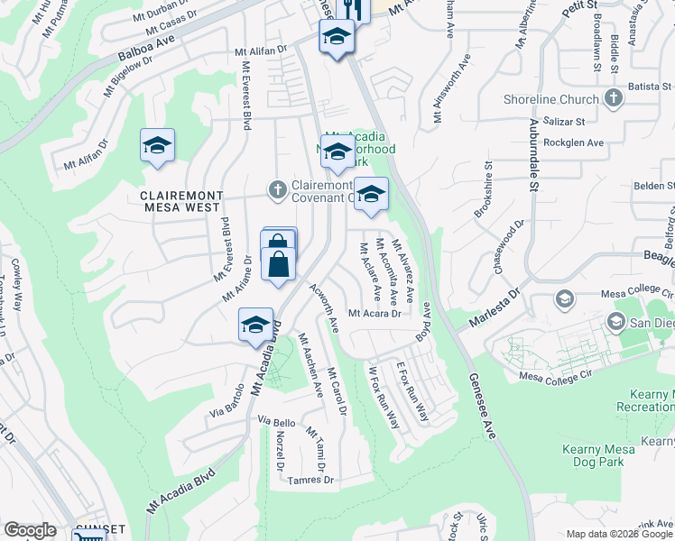 map of restaurants, bars, coffee shops, grocery stores, and more near 3635 Mount Abbey Avenue in San Diego