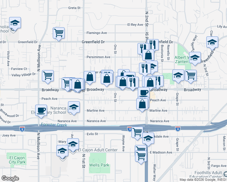map of restaurants, bars, coffee shops, grocery stores, and more near 1204 Broadway in El Cajon