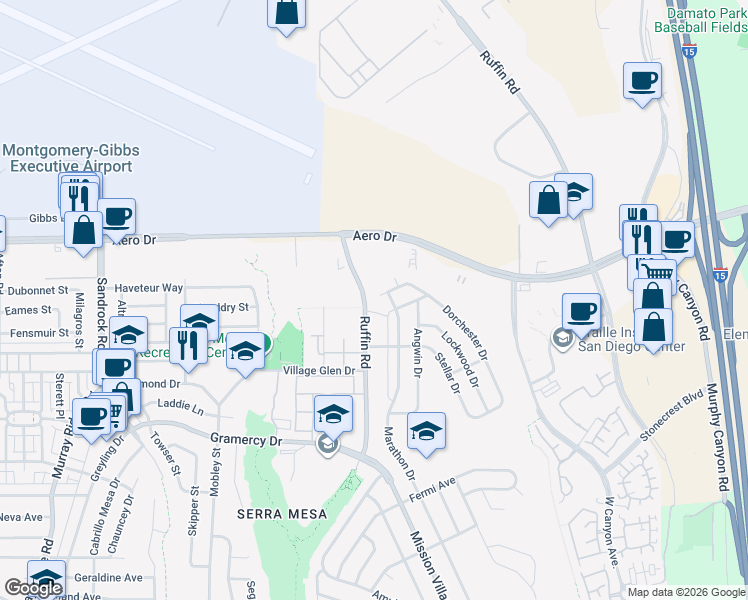 map of restaurants, bars, coffee shops, grocery stores, and more near 3558 Ruffin Road in San Diego