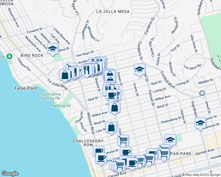 map of restaurants, bars, coffee shops, grocery stores, and more near 5115 Cass Street in San Diego