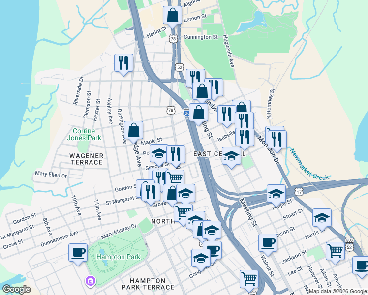 map of restaurants, bars, coffee shops, grocery stores, and more near 6 Poplar Street in Charleston