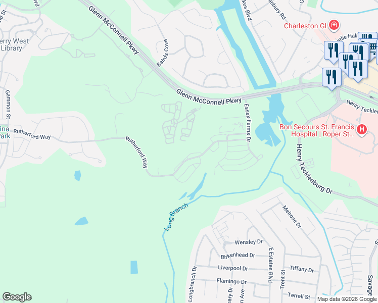 map of restaurants, bars, coffee shops, grocery stores, and more near 1953 Clay Lane in Charleston