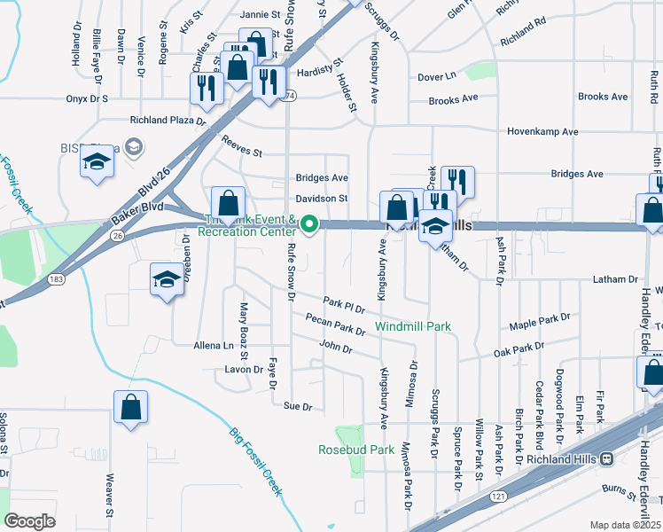 map of restaurants, bars, coffee shops, grocery stores, and more near 3121 Kings Court in Richland Hills
