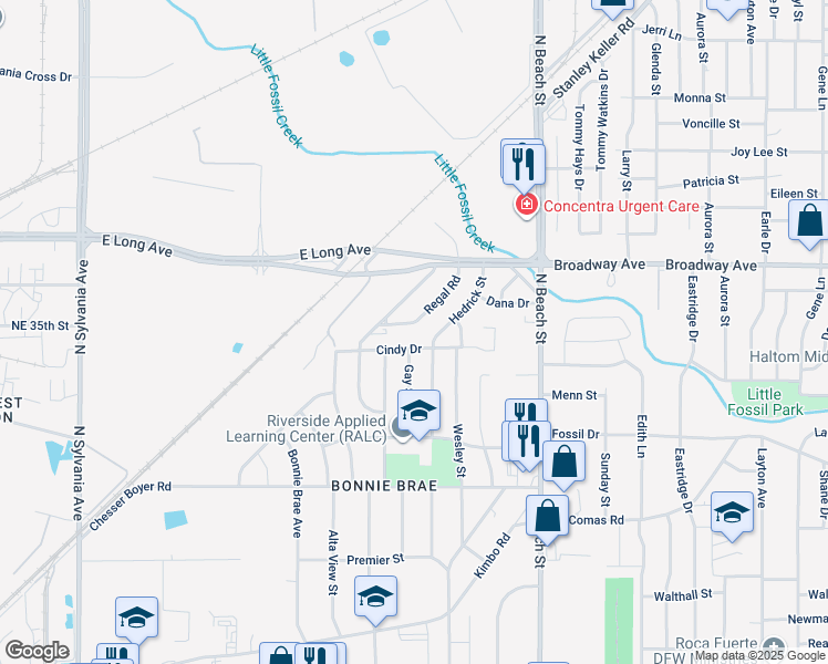 map of restaurants, bars, coffee shops, grocery stores, and more near 3525 Regal Road in Fort Worth
