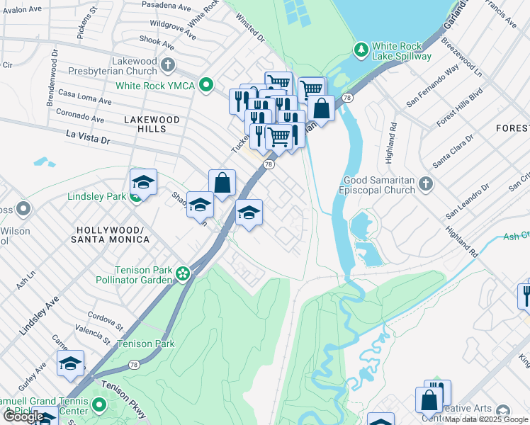 map of restaurants, bars, coffee shops, grocery stores, and more near 7450 Coronado Avenue in Dallas