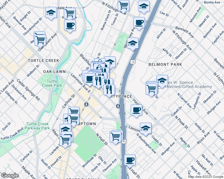 map of restaurants, bars, coffee shops, grocery stores, and more near 2975 Blackburn Street in Dallas