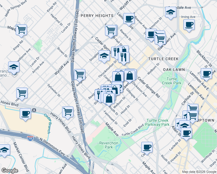 map of restaurants, bars, coffee shops, grocery stores, and more near 2727 Shelby Avenue in Dallas