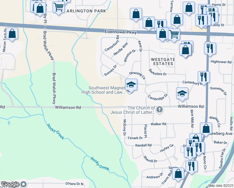 map of restaurants, bars, coffee shops, grocery stores, and more near 1775 Williamson Road in Macon