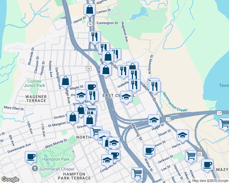 map of restaurants, bars, coffee shops, grocery stores, and more near 5 Riker Street in Charleston