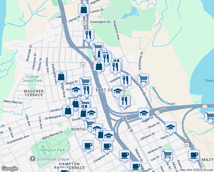 map of restaurants, bars, coffee shops, grocery stores, and more near 5 Riker Street in Charleston