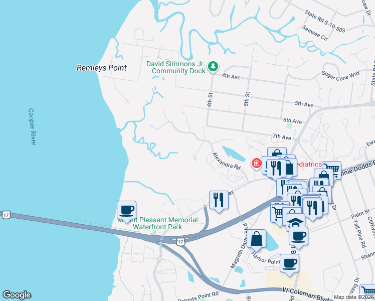 map of restaurants, bars, coffee shops, grocery stores, and more near 195 Harbour Watch Way in Mount Pleasant
