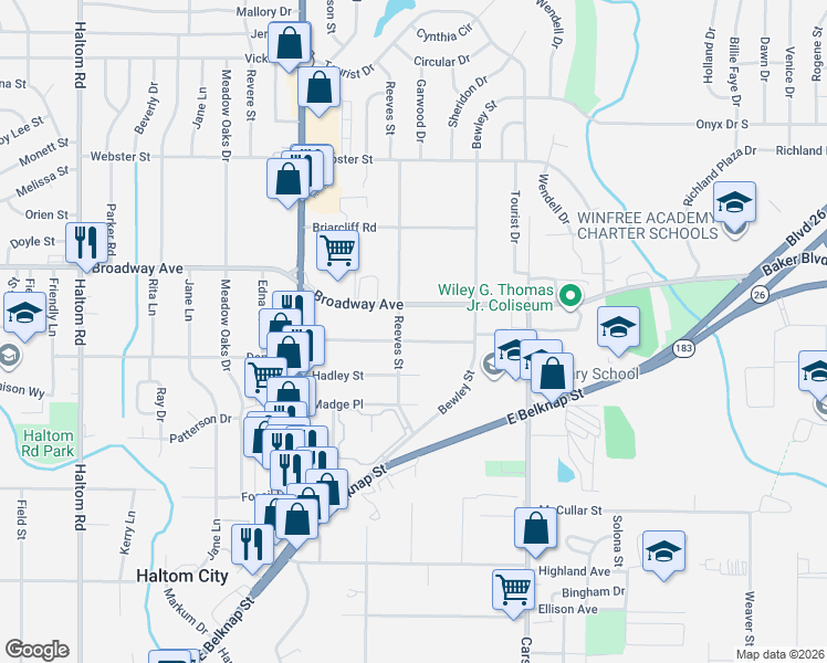 map of restaurants, bars, coffee shops, grocery stores, and more near 5808 Broadway Avenue in Fort Worth