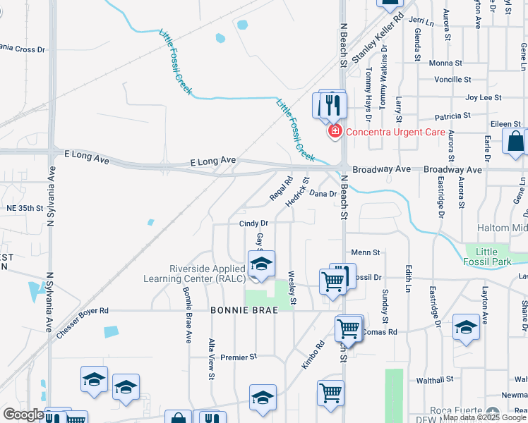 map of restaurants, bars, coffee shops, grocery stores, and more near 3525 Regal Road in Fort Worth