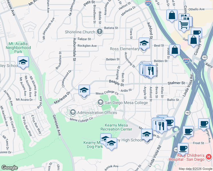 map of restaurants, bars, coffee shops, grocery stores, and more near 7106 Arillo Street in San Diego