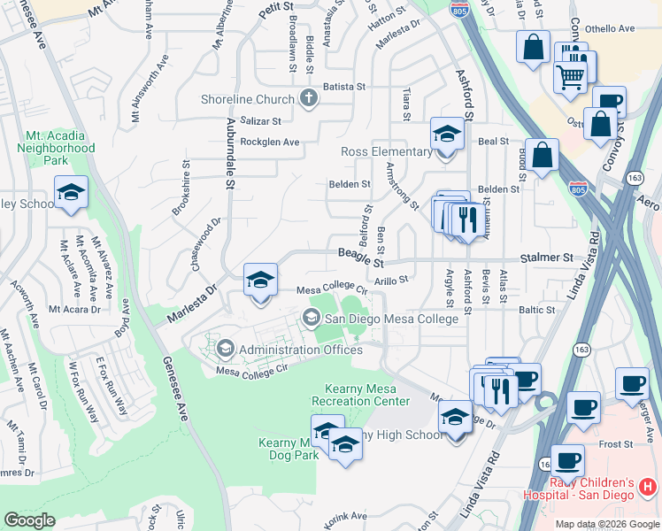 map of restaurants, bars, coffee shops, grocery stores, and more near 7106 Arillo Street in San Diego