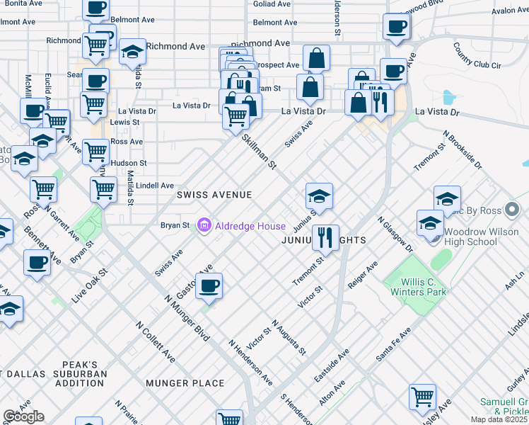 map of restaurants, bars, coffee shops, grocery stores, and more near 5699 Gaston Avenue in Dallas
