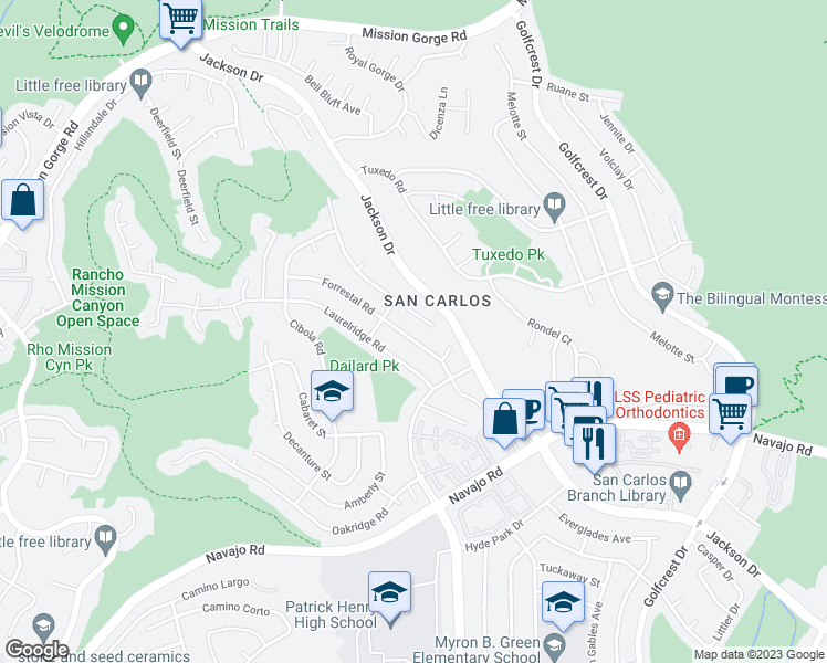 map of restaurants, bars, coffee shops, grocery stores, and more near 7831 Forrestal Road in San Diego