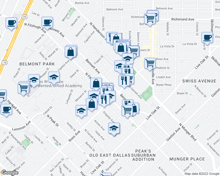 map of restaurants, bars, coffee shops, grocery stores, and more near 1809 Bennett Avenue in Dallas