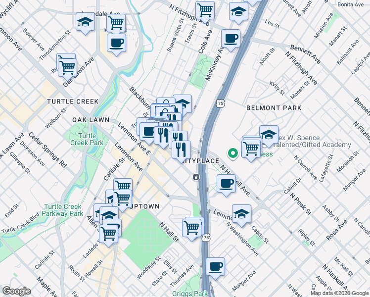 map of restaurants, bars, coffee shops, grocery stores, and more near 2993 Blackburn Street in Dallas