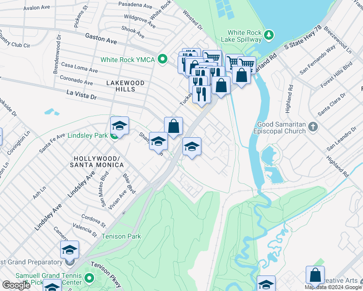 map of restaurants, bars, coffee shops, grocery stores, and more near 7251 East Grand Avenue in Dallas