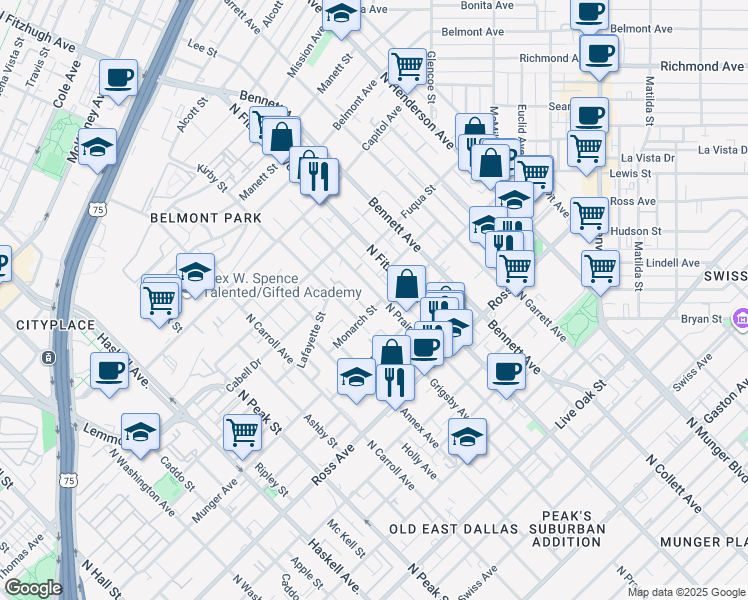 map of restaurants, bars, coffee shops, grocery stores, and more near 2001 North Prairie Avenue in Dallas