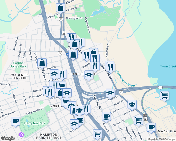 map of restaurants, bars, coffee shops, grocery stores, and more near 45 Isabella Street in Charleston
