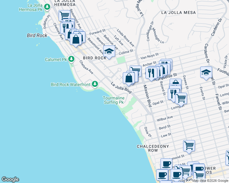 map of restaurants, bars, coffee shops, grocery stores, and more near 5227 Chelsea Street in San Diego