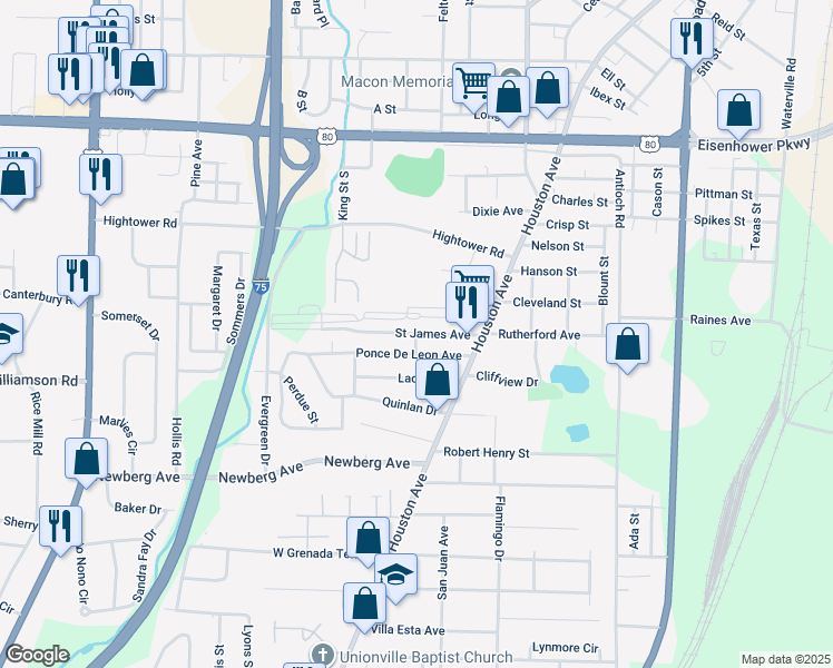 map of restaurants, bars, coffee shops, grocery stores, and more near 801 Saint James Avenue in Macon